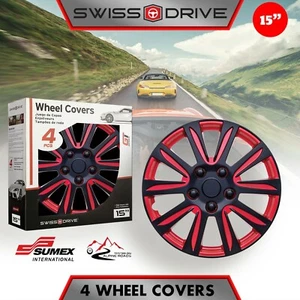 Set 4 Hubcaps 15" Wheel Cover Marina Bay Red Black ABS Easy To Install Universal - Picture 1 of 12