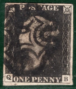 PENNY BLACK 1840 QV Stamp GB SG.2 1d Plate 8 (QB) Used Fine MX Cat £525 REDS61 - Picture 1 of 6