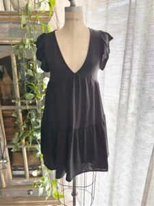 Babydoll Dress Mini Black Tiered Y2K Coquette Deep V Ruffle Fairy Goth Size S/M - Picture 1 of 7