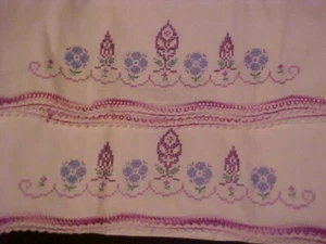 Vintage Embroidered Pillowcases w/ Purple & Blue Flowers - Picture 1 of 5
