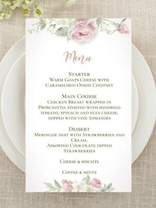 Rose Blush Pink Floral Personalised Menu Cards Wedding Christening Birthday  - Picture 1 of 2