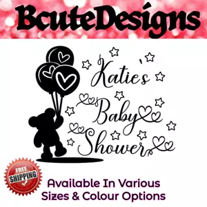 BABY SHOWER PERSONALISED WITH OR WITHOUT NAME VINYL DECAL STICKER TEDDY HEARTS - Picture 1 of 5