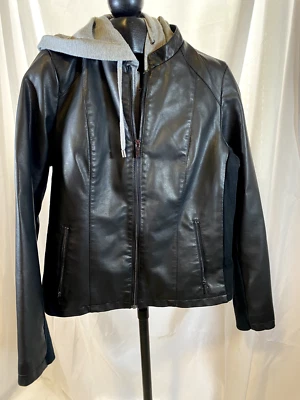 Calvin Klein Black Faux Leather Vegan Gray Hood Jacket Biker Streetwear Women LG - Image 1 of 4