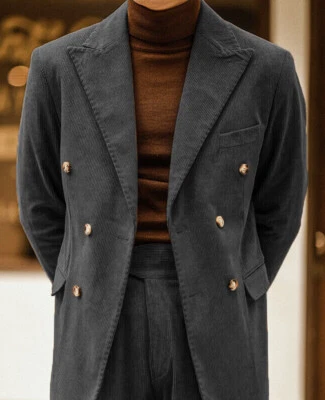 2Pcs Corduroy Men's Suit Double Breasted Peak Lapel Tuxedos Wedding Groom Blazer - Image 1 of 4