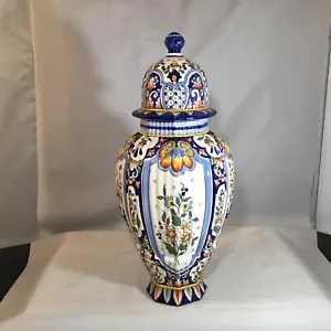 French Faience 14-1/2” Lidded GINGER JAR or URN in Rouen Style Polychrome Motif - Picture 1 of 20