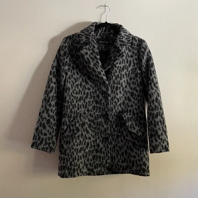 Abrigo Lucky Brand Mujer XXS Gris Negro Estampado Leopardo Mezcla Lana Botón Delantero Coche Foto 1 de 4