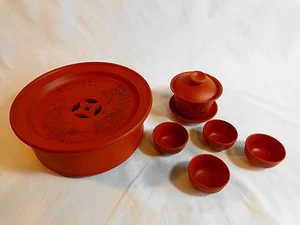 ASIAN SERVING SET Clay Stoneware Rice Warmer Sauce Bowl Lid Saucer 4 Mini Cups - Picture 1 of 10