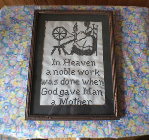 Vintage Folk Art Framed Needlepoint "God Gave Man A Mother"