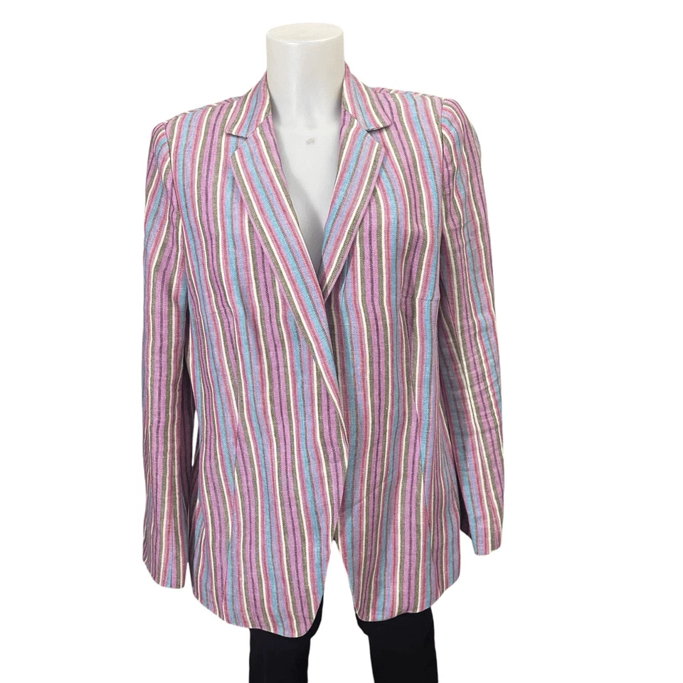 Akris Punto Striped Blue Pink Notched Collar Blazer Jacket 100% Linen sz 12USA - Image 1 of 4