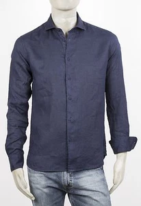 CAMICIA AL MILANO BLU IN LINO 100% TAGLIO SLIM CON INTARSI A POIS SLIM FIT - Foto 1 di 5
