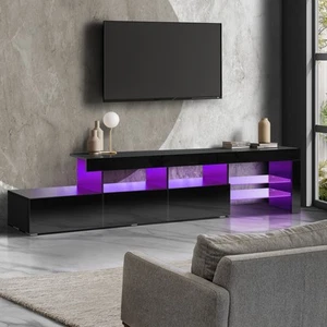 Oikiture TV Cabinet Entertainment Unit Stand RGB LED Gloss Furniture Black 220cm - Picture 1 of 10