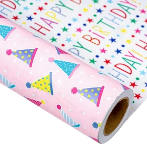 Birthday Gift Wrapping Paper Roll - 17 Inch X 32.8 Feet - Reversible Pink Design - Picture 1 of 12