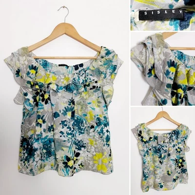 Sisley Green Multicolour Cotton Bardot Off The Shoulder Frill Top Size Small — 第 1/4 张图片