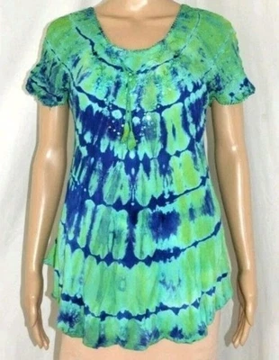 Camisa Top SAKKAS Para Mujer Azul Verde Tie Dye Peasent Boho Manga Corta Talla Libre  Foto 1 de 4