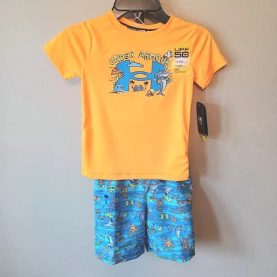 Under Armour Rash Guard Swim Shorts Set 4 Orange Blue UPF 50+ Trunks 2 Piece - Image 1 of 4