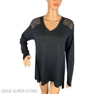 Ellen Tracey schwarz Edelstein Schmuck bestickt Langarm Stretch Pullover Top Medium - Bild 1 von 4