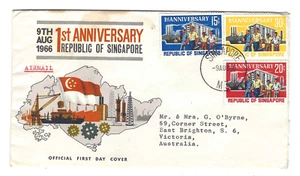 REPUBLIC of SINGAPORE 1st ANNIVERSARY First Day Cover 9 AUG 1966 with leaflet - Picture 1 of 2