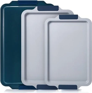 Non-Stick Ceramic Baking Tray Set (3 pcs) Aluminized Steel Oven Tray, Dark Blue - Picture 1 of 8