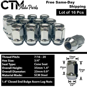 16x 1.4" Chrome 7/16-20 Acorn Lug Nut 3/4" Hex Fit 4lug Corvair Sprint Sunbird - Picture 1 of 3