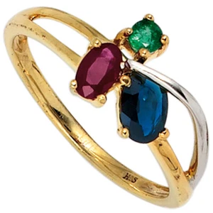 Damen Ring 585 Gold Gelbgold 14 Karat dreifarbig Rubin Saphir Smaragd bicolor - Bild 1 von 1