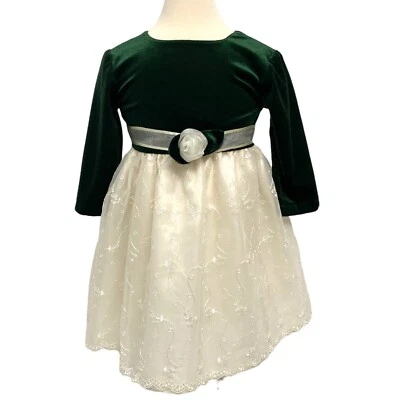 Rose Cottage girls party dress velvet long sleeve green/white size 4 - Image 1 of 4