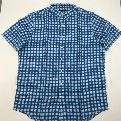 Lands' End Linen Shirt Men L/T Large Tall LT Button Up Short Sleeve Blue Check - Image 1 of 4