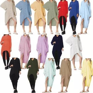 Damen Hi Low Knopfleiste Long Shirt Oberteil Langarm Oversize Tauchsaum Kurzes Kleid - Bild 1 von 32