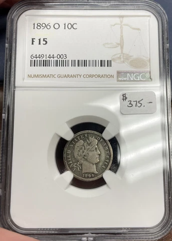 1896-o 10c NGC F15 Perfect Original Fine Barber Dime Key Date! Cover