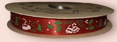 VTG 1950s Red Houses & Bells Christmas Ribbon Lion Ribbon Company 50 Yards NOS - Image 1 of 4