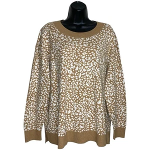 Lands End Sweater Womens XL Petite Animal Print Tan Mob Wife Mature Long Sleeve - Picture 1 of 8