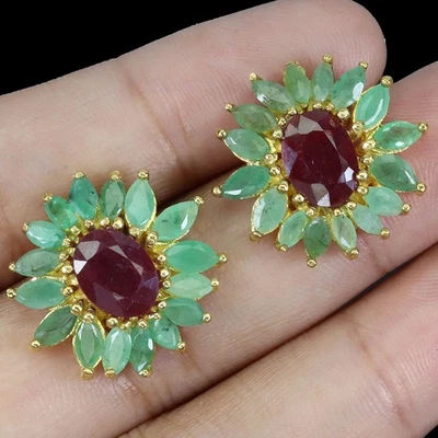 925 Sterling Silver Earrings Oval Ruby 8x6mm Emerald Natural Gemstone Jewelry - Image 1 of 4