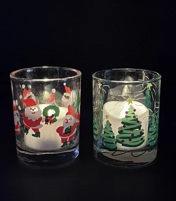 Yankee Candle - Clear W/ Santa And Christmas Trees Glass Votive Holders Set of 2 - Image 1 of 4