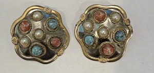 VINTAGE FABULOUS 80'S LARGE ART GLASS & PEARL CLIP EARRINGS - Picture 1 of 4