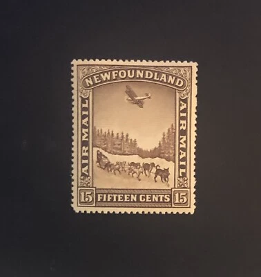 Stamps Canada Newfoundland C9  15c brn MH 'Dog sleigh & air' see details - Image 1 of 4
