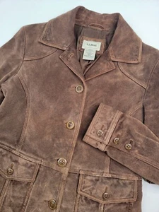 LL Bean Women's Small Leather Jacket Brown Button-up Pockets 0BDX8 GUC - Picture 1 of 24