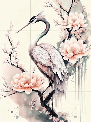 Tile Mural/Mosaic Ceramic Panel of Heron - Japanese Art-Bird And Flower Mural - Image 1 of 4