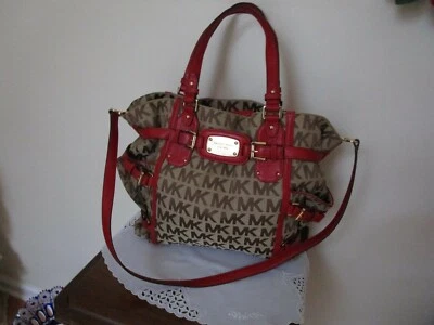 Michel Kors 棕色签名帆布和红色皮革 Gansevoort 托特包 罕见 XLNT — 第 1/4 张图片