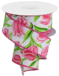Cinta de tejido diagonal de tulipanes, resorte, blanco/rosa/verde, cinta con cable, 1,5" Wi - Imagen 1 de 1