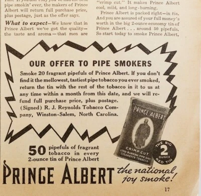Pipa Prince Albert 1936 cigarrillo de tabaco anuncio antiguo efímero Foto 1 de 2