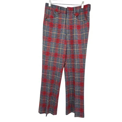 Vintage 70s Farrah High Waisted Red Grey Plaid Polyester Wide Leg Pants 32 - Image 1 of 4