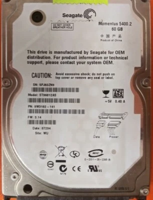 ⭐️⭐️⭐️⭐️⭐️ HDD Hard Drive SATA Laptop 2.5" Seagate ST96812AS 60GB FW: 3.14 - Image 1 of 2