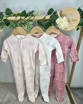 NEXT Baby Girls Set Of 3 Preloved Teddy Bear Zip Up Sleepsuits Upto 3 Month - Image 1 of 2