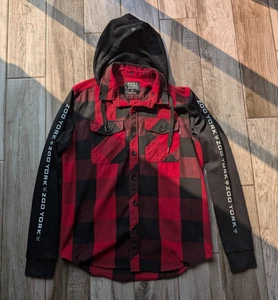 Zoo York Men’s Flannel Hoodie Shirt Jacket M Red Black Plaid Logo Sleeves - Picture 1 of 6