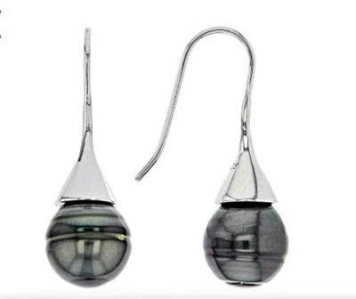 Cultured Tahitian Pearl Rhodium Over Sterling Silver Earring 11-12mm NEW - Image 1 of 4