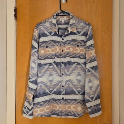 Sun + Stone Button Up Flannel Shirt Mens L Blue Tan Aztec Print Native Cowboy - Image 1 of 4
