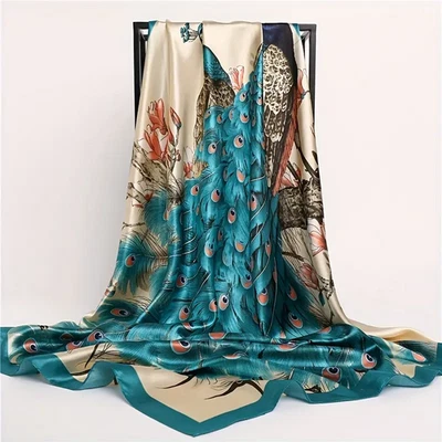 Bufanda Estampado Pavo Real Satinado 35.4" Cuadrado Envoltura Estola Bordado Encaje Mantón Hiyab Foto 1 de 4
