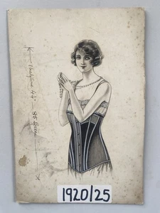 Pair Original Vintage Pen & Ink Drawings Signed Lesley, Victorian Fashion - Picture 1 of 7