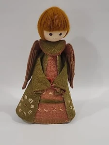 Vintage Burlap Jute Christmas Angel Taiwan Gold Red Green Embroidery Red Hair - Picture 1 of 22