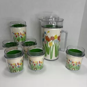 Vintage Thermo Serv Audrey Beverage Set Pitcher & Cups Tulips Floral MCM 1984 - Picture 1 of 23