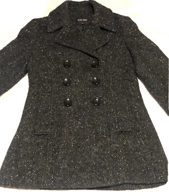 Nine West Women’s Sz 6 Black White Tweed Pea Coat Wool Blend Double Breasted - Image 1 of 4